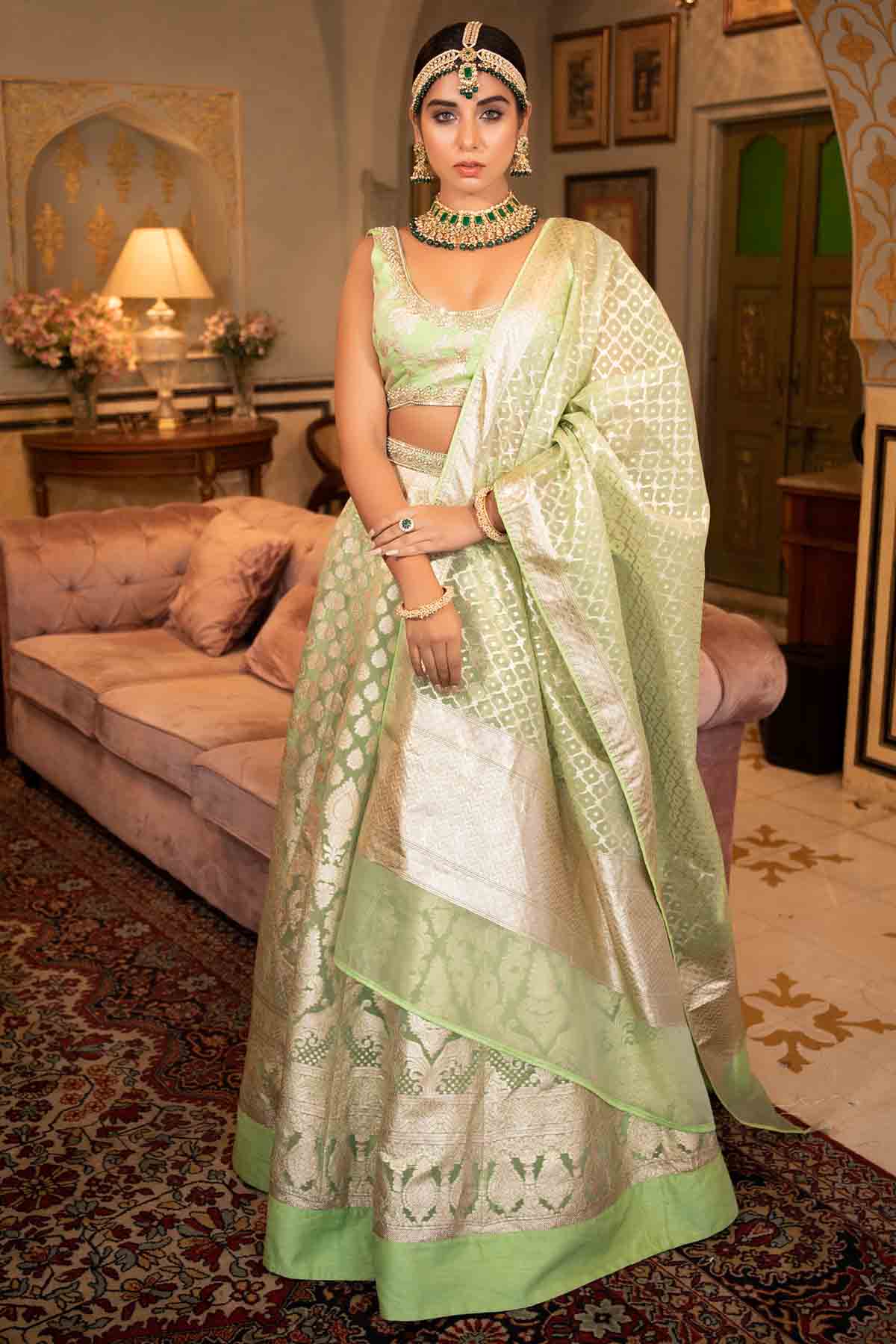 Designer Neha Khullar Green Banarasi Embroidered Lehenga Set for Women Online